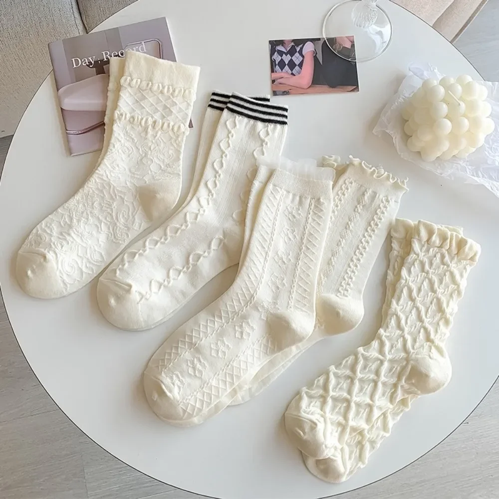 Lolita Cute Socks Women Sweet Ruffle Cotton Medium Tube Socks Japanese Fashion JK Sweet Girls Spring Summer Thin Cotton Socks