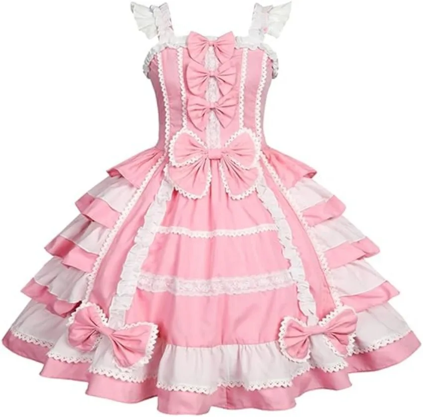 

Cute and sexy ladylike Lolita pink multi-layer lace bow dress sleeveless princess dress cosplay customized