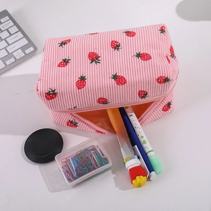 Corduroy Strawberry Cosmetic Bag Travel Toiletry Cosmetic Organizer Clutch Makeup Bags Student Zipper Pencil Case Stationery Bag
