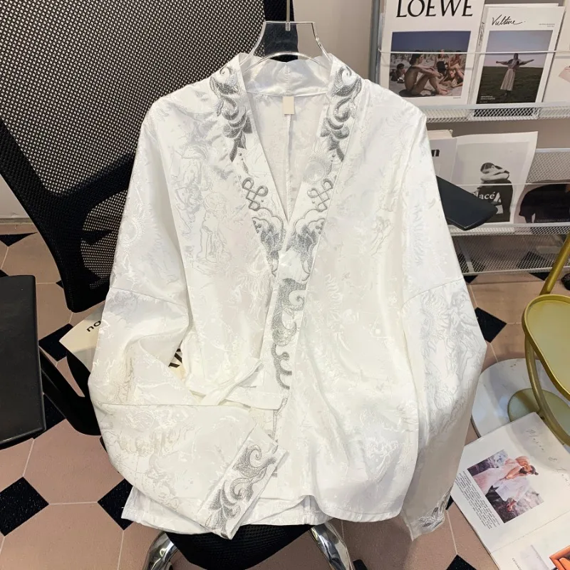 

Satin Chinese Style Women's Shirts Silk Embroidery Blouses Vintage Clothing Spring/Summer Loose Floral Tops