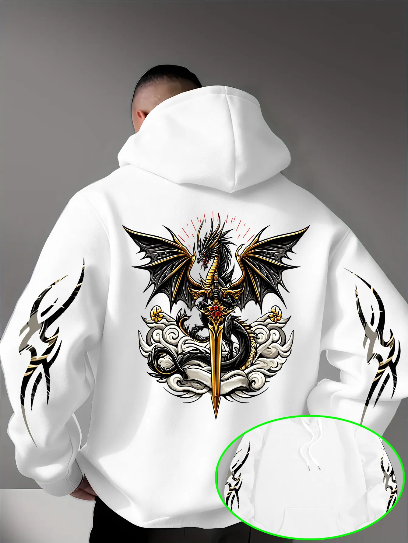 Men's Hooded Sweatshirt with Dragon Sword Print Unique Arm Patch Print Stylish Autumn/winter Casual Wear Versatile for Going Out