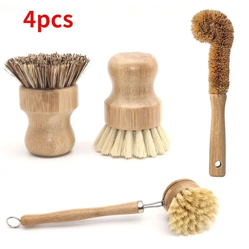 

4 Pcs Plant Based Cleaning Brush Set,Bamboo Kitchen Scrub Set Tablewa Kichen New Tub cleaning tools Shoe brush Cleaning kit