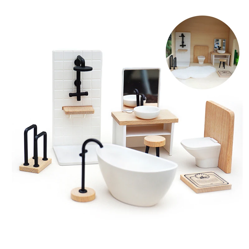 1/12 Dollhouse Simulation Washbasin Tub Toilet Furniture Model Dollhouse Bathroom Scene Decor Accessories Kids Pretend Play Toy