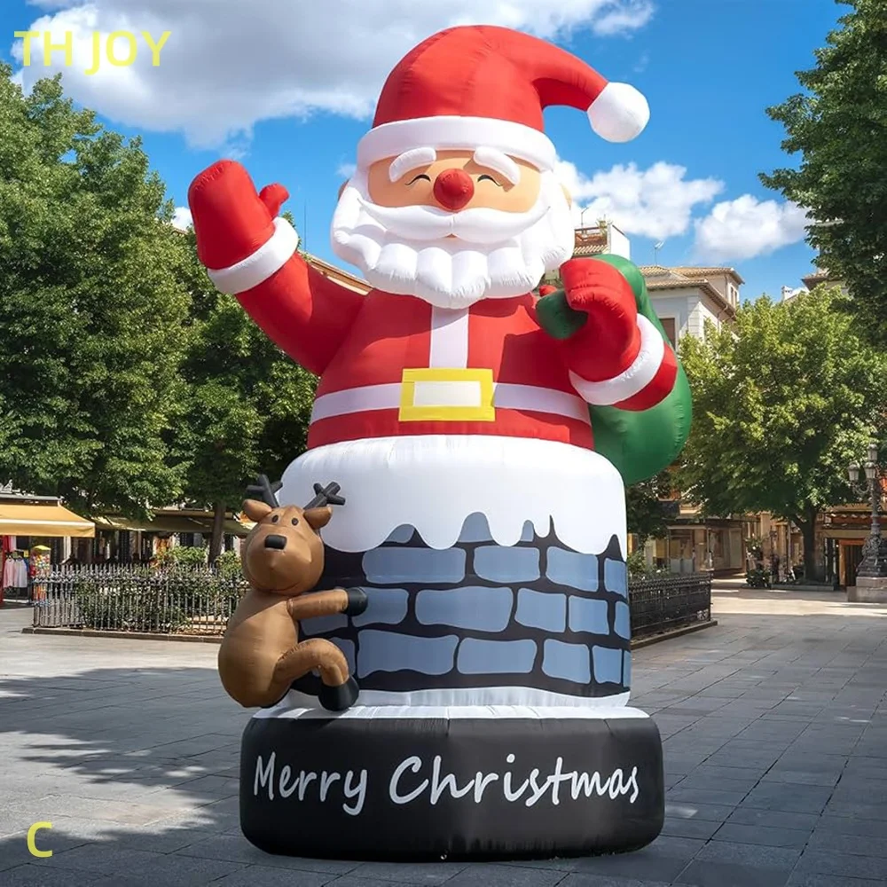 fast air ship to door, Christmas giant inflatable Santa Claus in chimney, 2025 new Santa Claus with reindeer for decoration