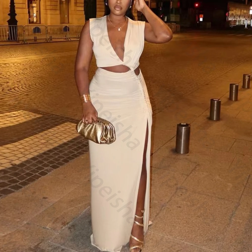 ノースリーブ無地サイドスリットイブニングドレスエレガントセレブリティドレス絶妙な高品質プロムパーティードレス女性カスタマイズ