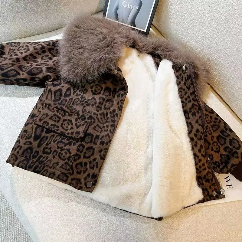 Girls' Winter New Leopard Pattern Pie Overcoming Plush Thick Coat with Western style Hairy Collar Plush Coat 90-130CM