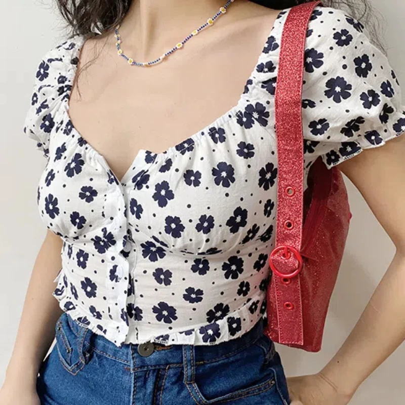 2024 Summer New Large Fashion One Shoulder Short Bubble Sleeves Fragmented Short Sleeves Slim Fit Top for Women