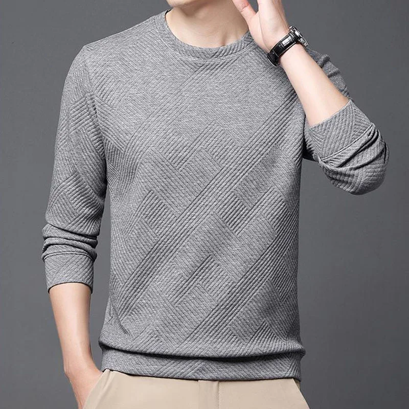 trend All-match men's  Solid Long Sleeve Tops spring autumn Casual handsome Round neck jacquard weave pullovers  Male Clothes