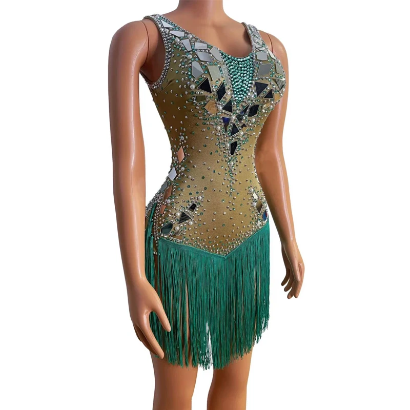 Spiegel Strass Sänger Fransen Kleid Nachtclub Jazz Dance Kostüm Frauen Leistung Feiern Abendkleider XS10197