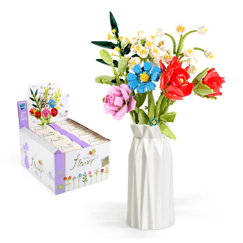 Bouwsteenboeket Creatieve DIY kleine deeltjes bouwstenen om binnenhuis desktop decoraties rozen meisjes geschenken te monteren