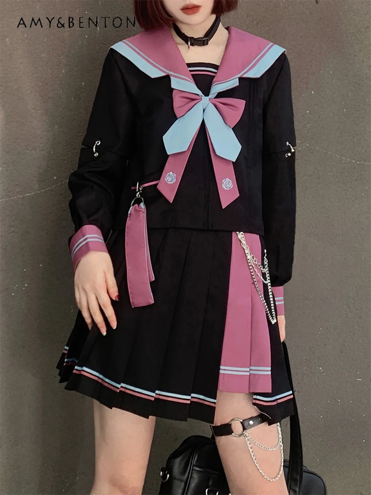 

Japanese Gothic Jk Uniform Suit Preppy Style Sweet Cool Splicing Color Navy Collar Long-sleeved Shirt Irregular Pleated Skirt