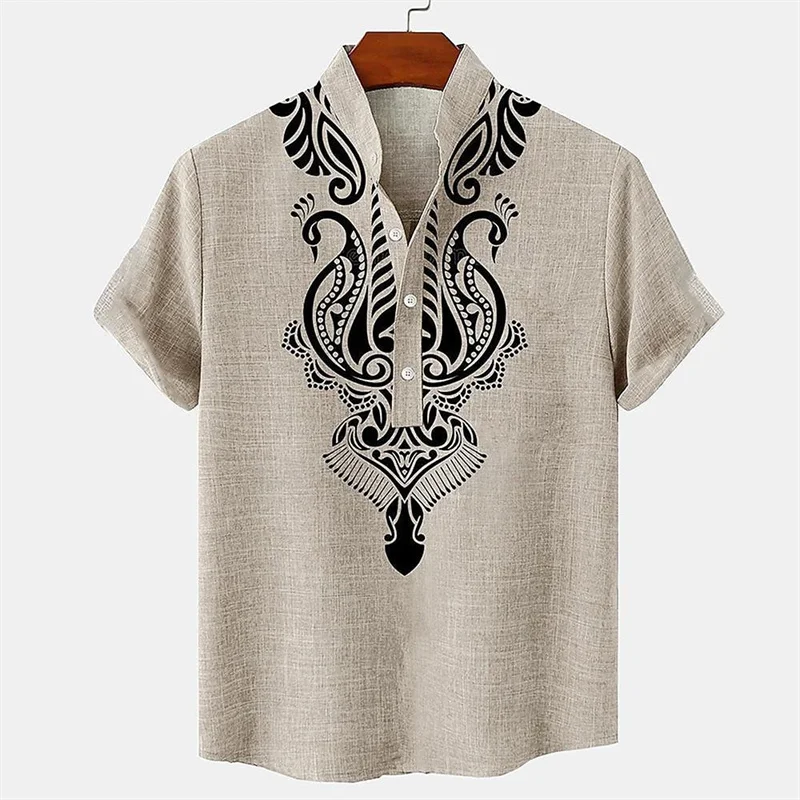 Men's shirt ethnic style 3D printing henley shirt, men's fashion button down collar short sleeve, high quality men's tops