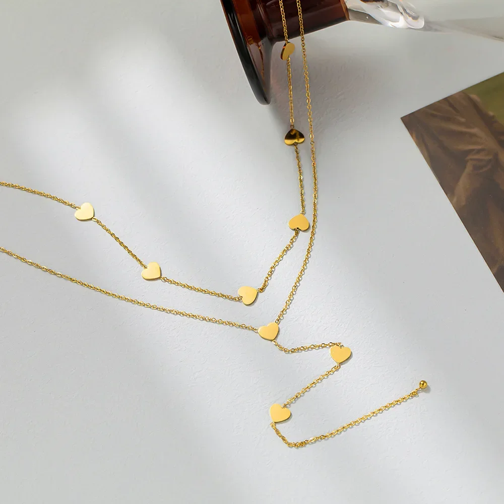 Double Layer Gold Color Heart Pendant Necklace For Women Girl Fashion Stainless Steel Choker Chain Neck Wedding Jewelry Gift