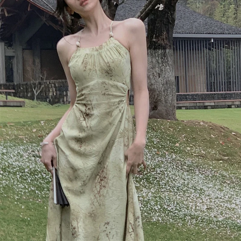 여성 섹시한 홀터넥 백 레스 컷 아웃 셔링 파티 우아한 드레스 여름 중국 스타일 빈티지 프린트 민소매 슬림 드레스 베스 티드