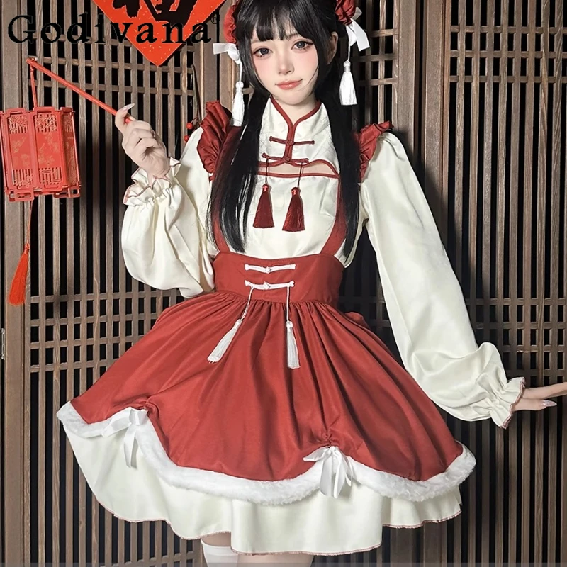 

Большой размер L-5XL, китайская форма Лолиты, красное платье с длинными рукавами для косплея, милые короткие платья с высокой талией и шнуровкой и кисточками