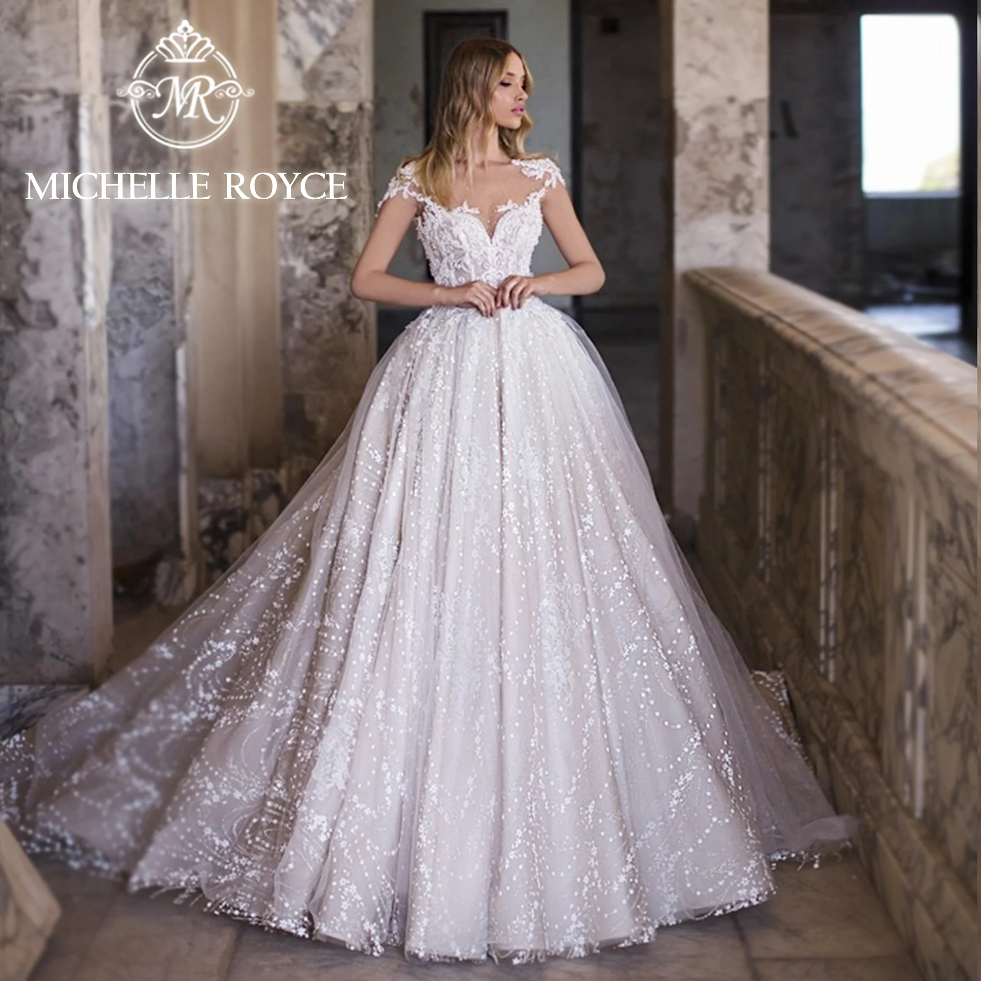 

Michelle Royce Ball Gown Wedding Dress For Woman 2024 Invisible Neckline Appliques Beading Empire Wedding Gown Vestidos De Novia