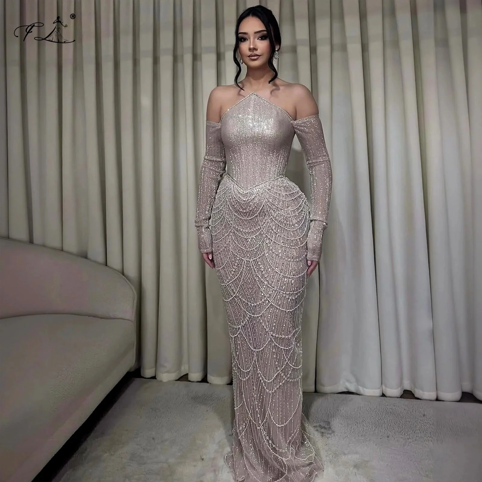 2025 Cocktail Party Dress 3/4 Sleeve One-Shoulder Small Beaded Mermaid Dress Prom Dress Slim Fit Gowns Customizable