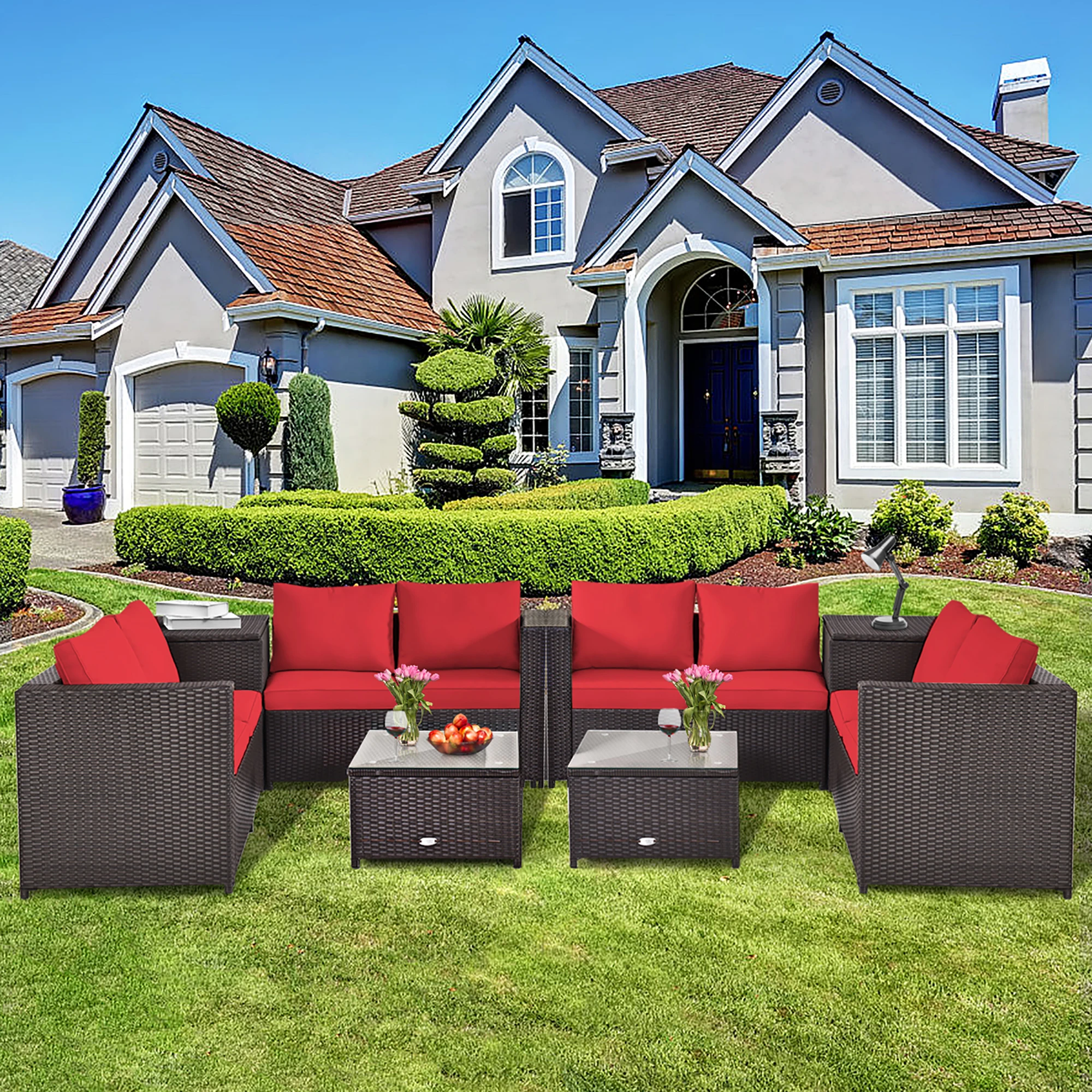 

8PCS Outdoor Patio Rattan Furniture Set Cushioned Loveseat Storage Table Red