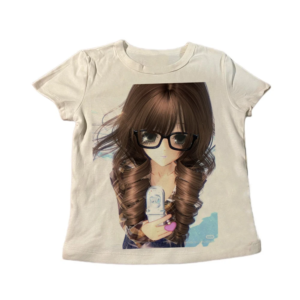 Y2K-Brille, lockiges Haar, Anime-Mädchen, Klapphandy-Print, Damen Slim-Fit Langarm-T-Shirt, Retro Harajuku Manga, enganliegendes Streetwear-Oberteil – Detail 3