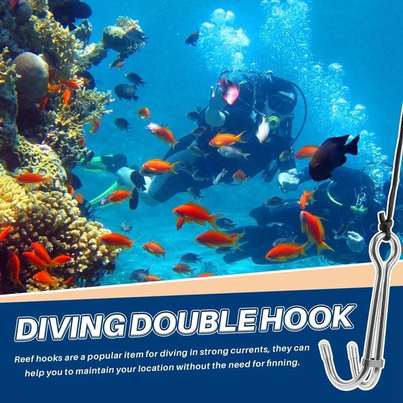 KEEP DIVING Scuba Diving Double Dual Stainless Steel Reef Drift Hook With Line And Clips Hook For Current Dive Underwater