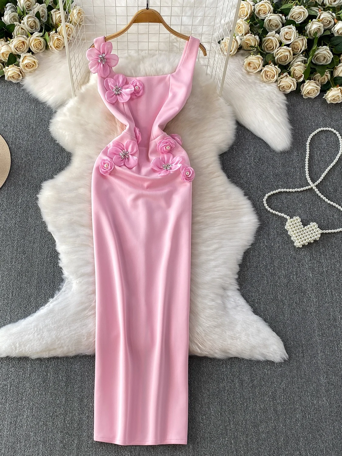 Abito da sera Ele da donna di fascia alta impreziosito slim fit colletto quadrato lungo Dr Ball Dr Sli ricamo floreale 3D