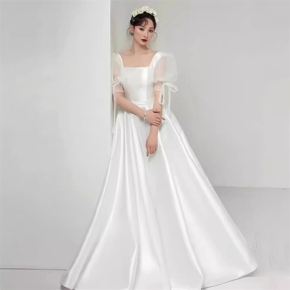 Customized Square Neck Short Sleeves A-line Simple  2025 Wedding Dresses For Woman Sweep Train Bridal Gowns Vestidos De Novia