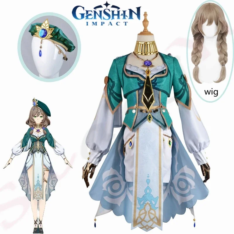 Jacquard Fabric Game Genshin Impact Lisa Minci New Skin Cosplay Costume Lisa New Outfits Wig Hat Halloween Carnival Party Set