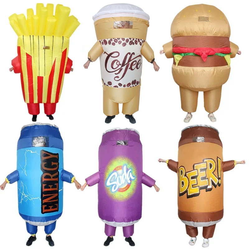 Funny Inflatable Costume Halloween Cosplay Party Hamburger French Fries Coffee Fancy Dress Suit For Adult Blow Up Perform Props