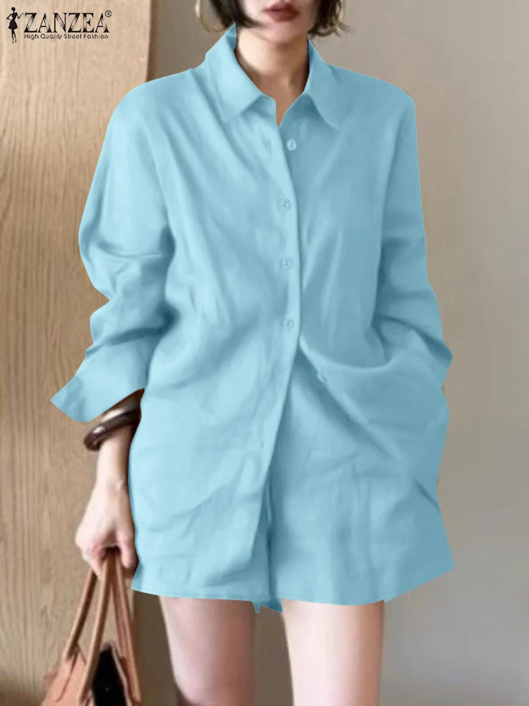 ZANZEA Casual 2025 Primavera Verano 2 uds conjuntos cortos pantalones cortos de cintura elástica para mujer camisas largas de manga larga trajes de 2 piezas de Color sólido