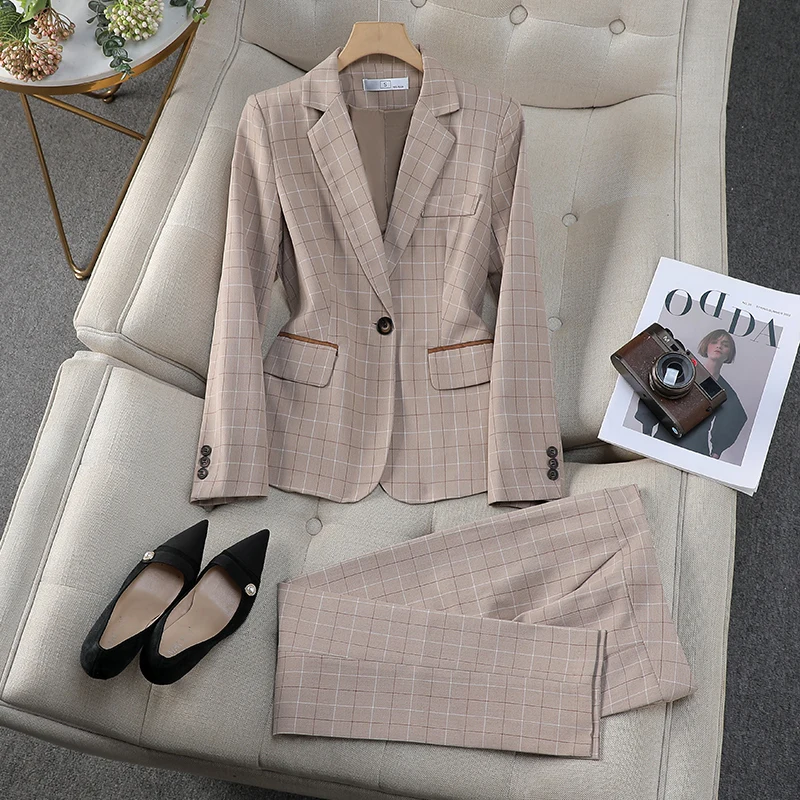 

Fashion Office Ladies Pant Suit Women Blue Khaki Plaid Female Work Wear Jacket Blazer and Trouser Formal 2 Piece Set