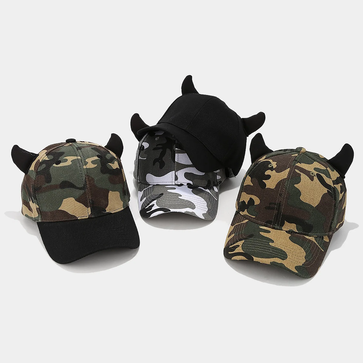 Customized Printed Logo Demon Ox Horn Camouflage Baseball Caps Men's And Women's Cute Street Fashionable Hip-Hop Duck Tongue Hat