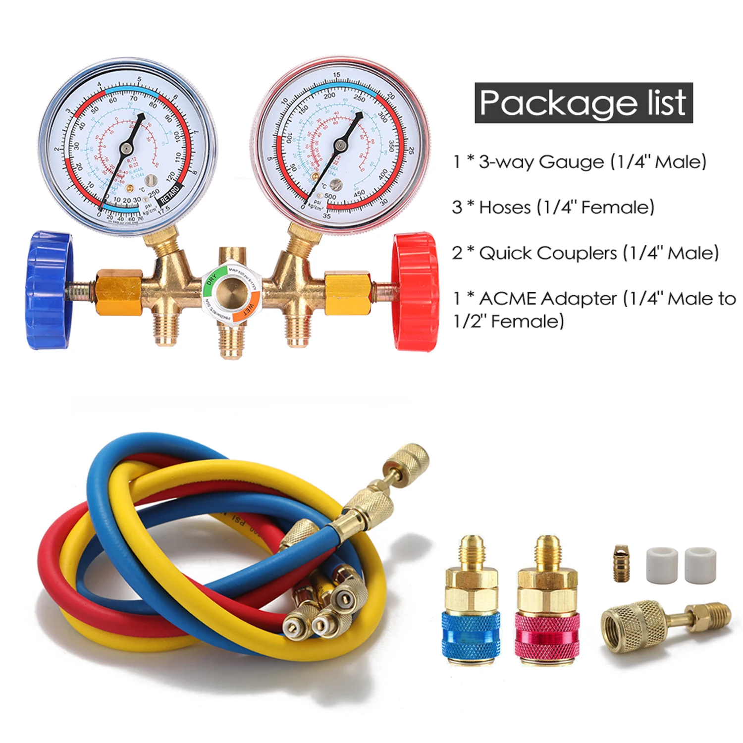 AC Diagnóstico Manifold Freon Gauge Set, Refrigerantes com Acopladores, Adaptador Acme, Pressão de estouro, 3000PSI, 3 Way