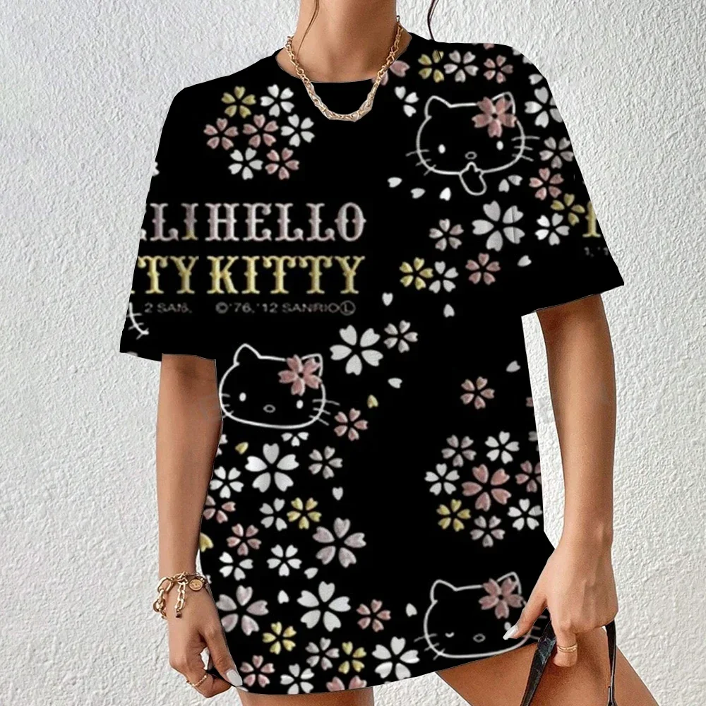 Summer Women Hello Kitty Graphic T-shirt Cartoon O-Neck Tops Tees Female Fashion Short Sleeve Clothing Lady Casual Streetwear