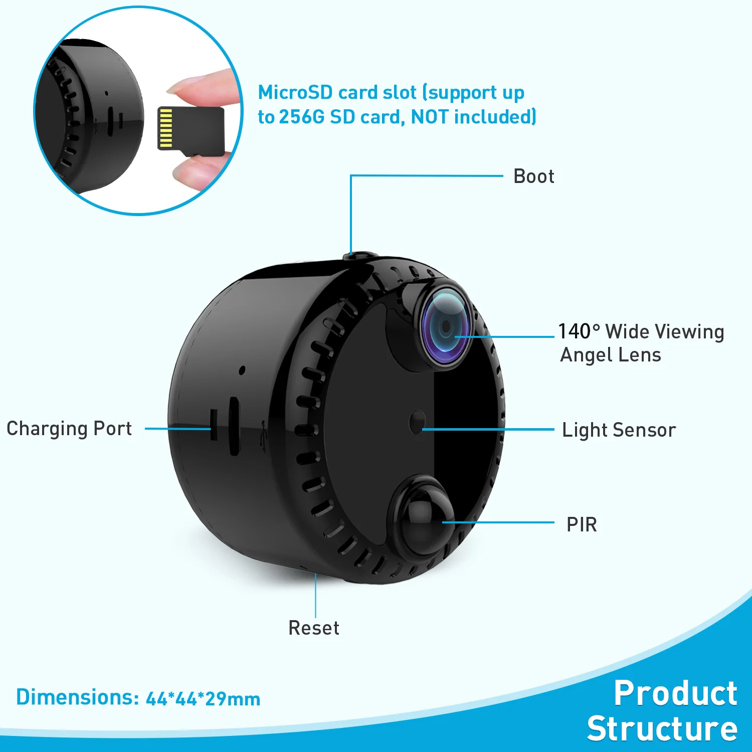Low-Power WiFi Mini Surveillance Camera. Remotely power on and off the device via APP after connecting to WiFi network.