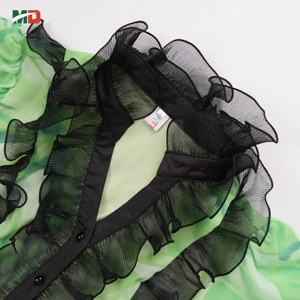 Gaun Maxi Motif Bunga Afrika Baru dengan Kerah Berlipit Hitam, Lengan Mengembang, Desain Rok Lipit untuk Pesta Taman dan Pemakaian Sehari-hari