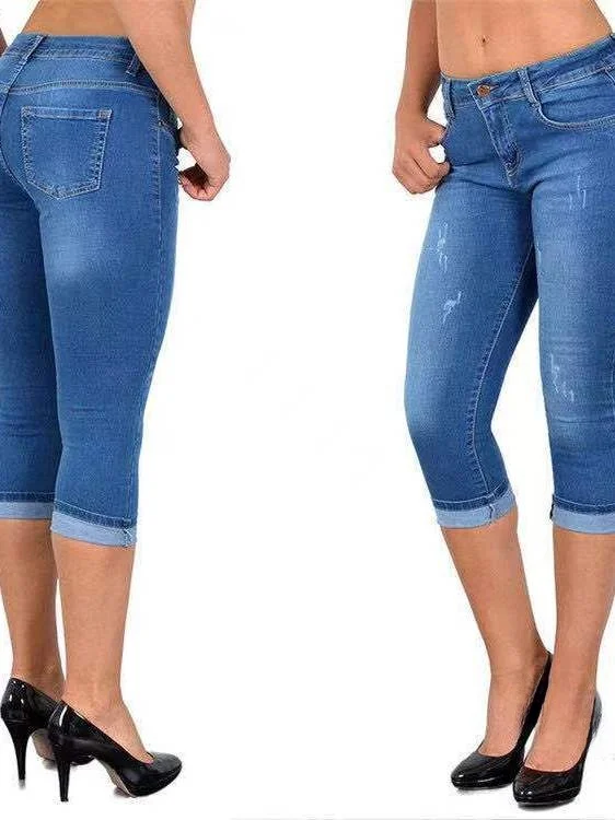 Eenvoudige stretch strakke denim capribroek Casual fit jeans Zeven voet lengte elastische bandage Sle voor dames in zomerseizoen
