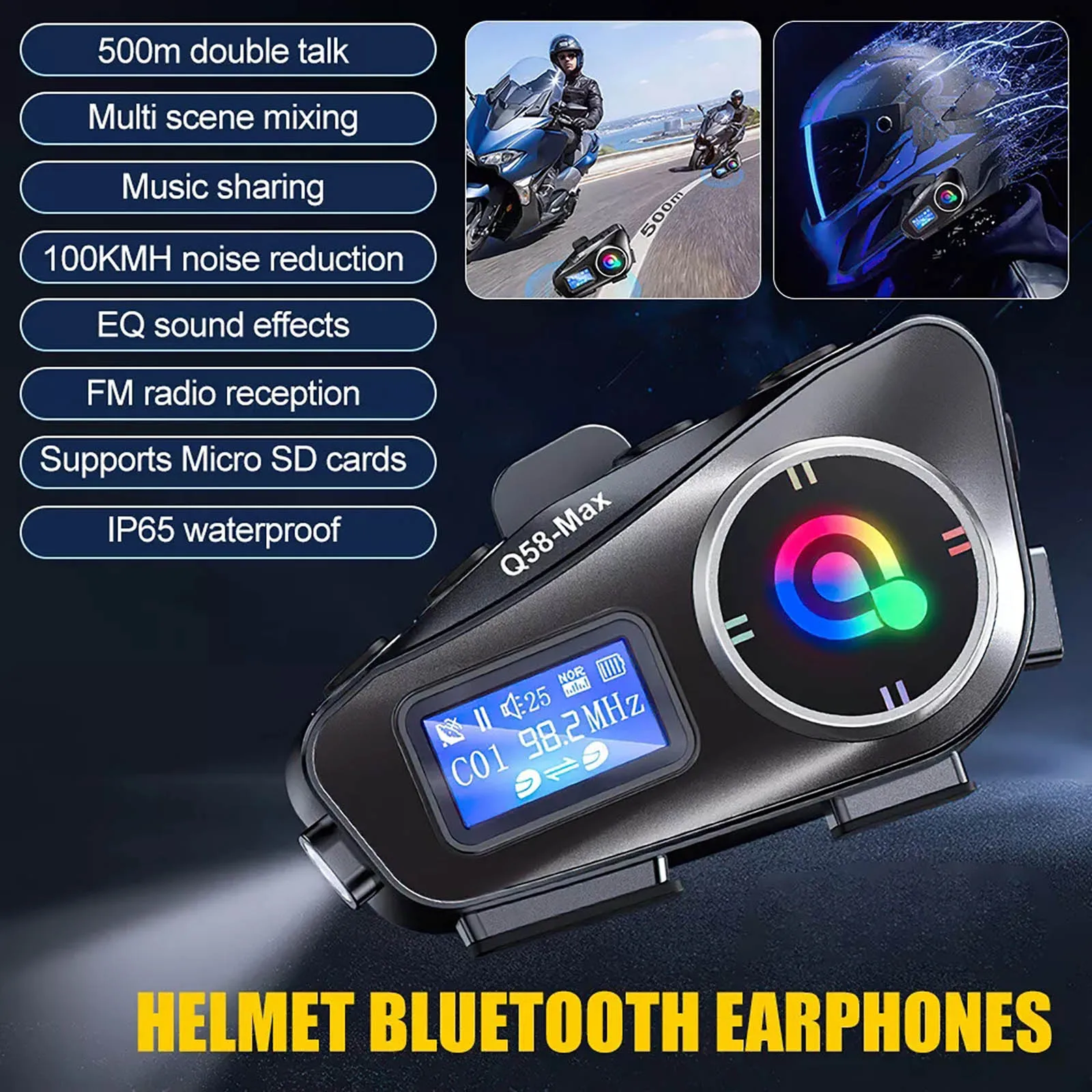 Imagem -02 - Impermeável Motocicleta Capacete Interfone Fone de Ouvido Bluetooth Display Lcd Música Compartilhar com Lanterna Pilotos 500m Q58-max