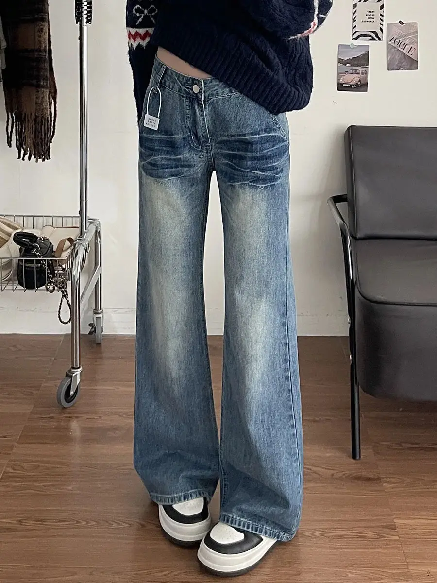 Pantaloni jeans larghi per donna Chiusura con cerniera con bottoni Fibbia con cintura Cintura regolabile Denim femminile Moda Basic Semplice