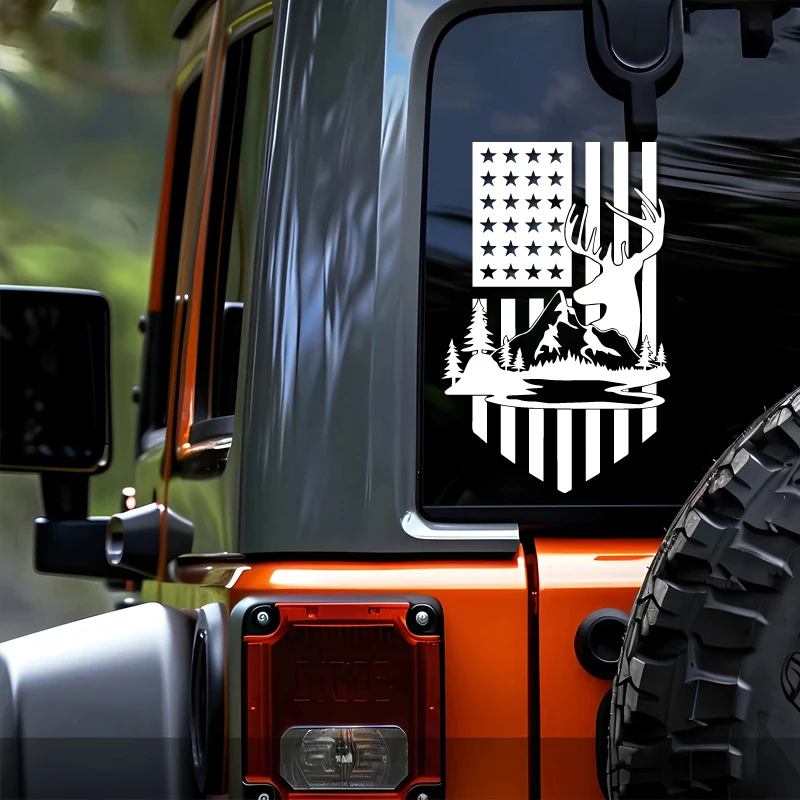 

Наклейка на автомобиль с головой оленя и американским флагом, виниловая наклейка с горным пейзажем для окна или бампера автомобиля, патриотический декор для авто