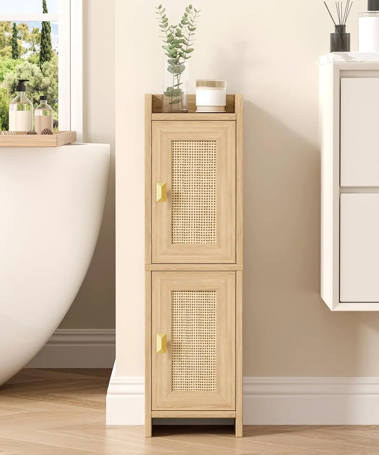 

Rattan Small Bathroom Cabinet with 2 Doors, 7.9''D x 7.9''W Narrow Toilet Paper Storage Cabinet, Bathroom Organizer for Small Sp