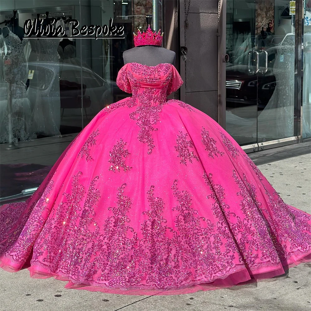 

Lively Hot Pink Beads Applique Quinceanera Dresses 2025 Ruffle Ball Gown Sweet 16 Princess Dress vestidos de 15 años Customized