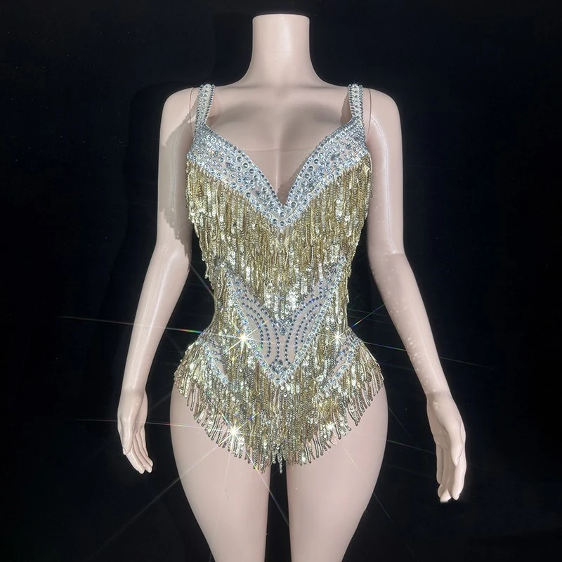 

Gogo Dance Costume Gold Tassel Bodysuit Nightclub Bar Ds Rave Clothing Adult Jazz Dance Clothes Sexy Party Show Outfit VDL3109