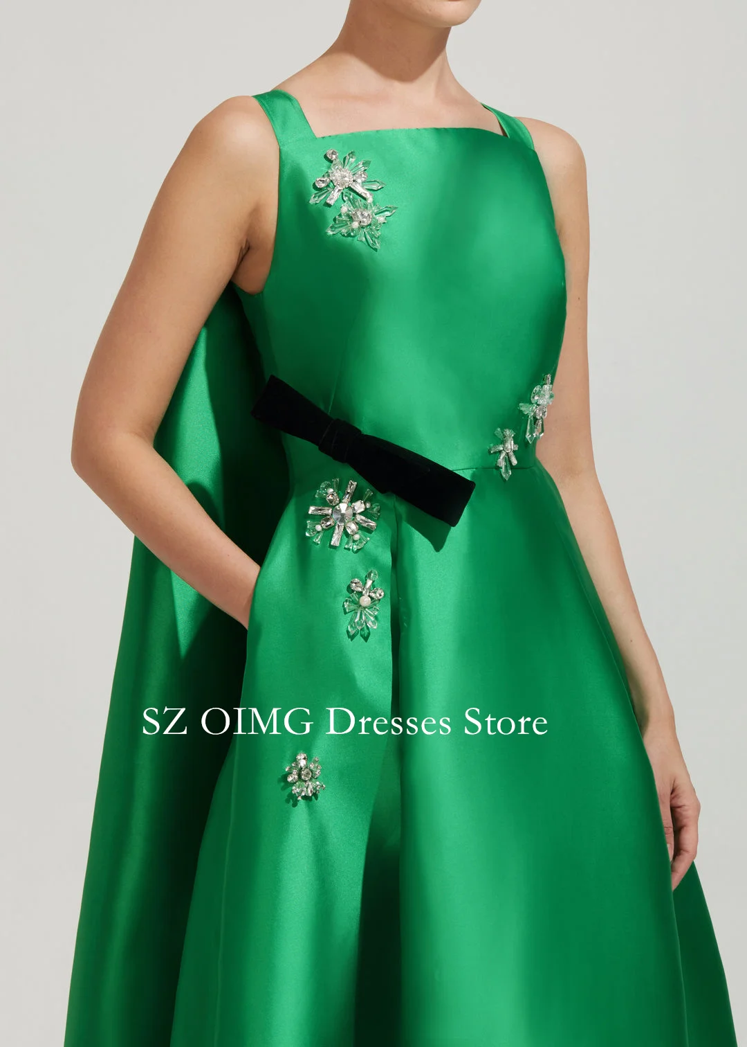 Square Neck 2024 New Summer Women\'s Maxi Green Satin Prom Dress with a Cape Fashion Elegant Celebrity Vintage Party Dress