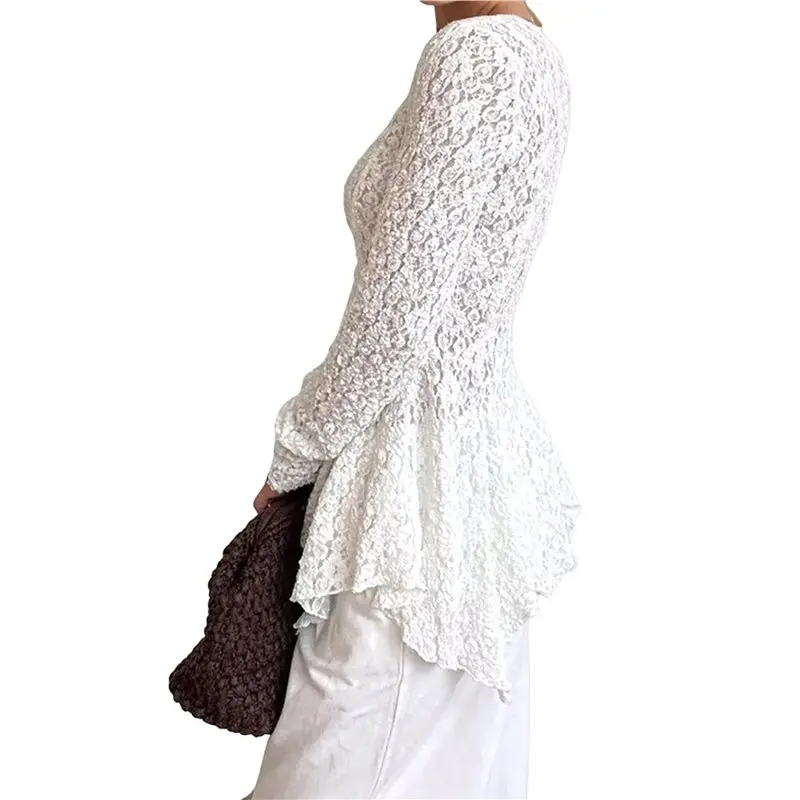 Lace Cardigan For Women Floral Mesh Sheer Bell Long Sleeve Tops Dusters White M