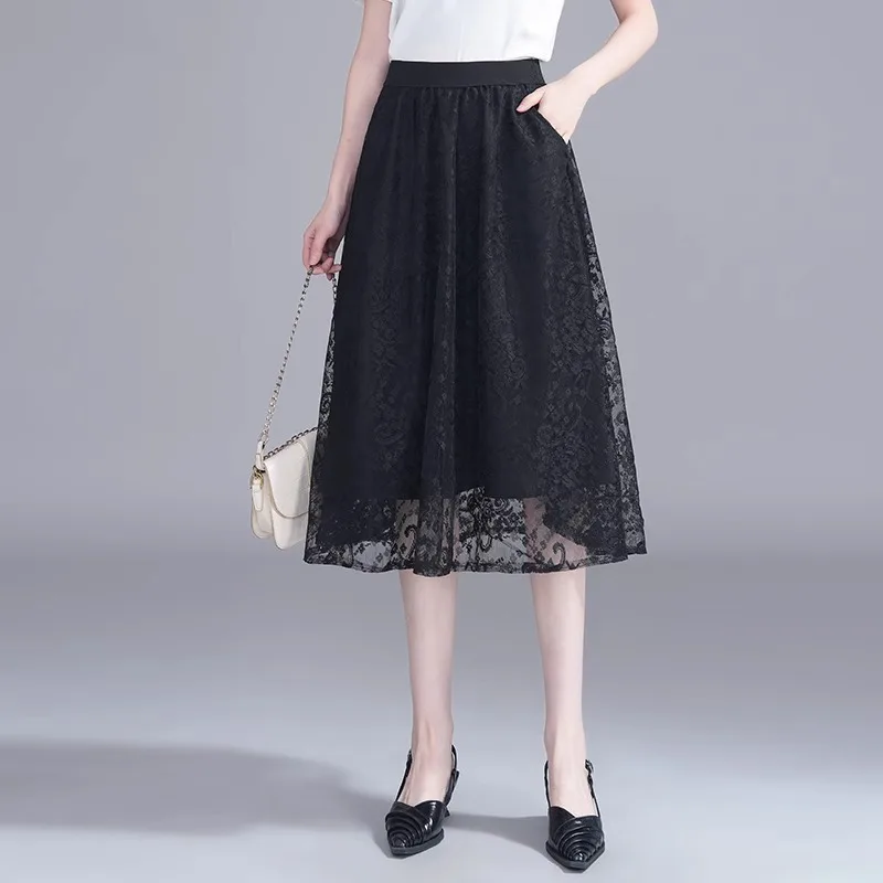 تنورة مظلة بيضاء للنساء، خصر عالي، متوسط الطول، نمط صيفي رقيق، تنورة منتفخة أنيقة ومتعددة الاستخدامات