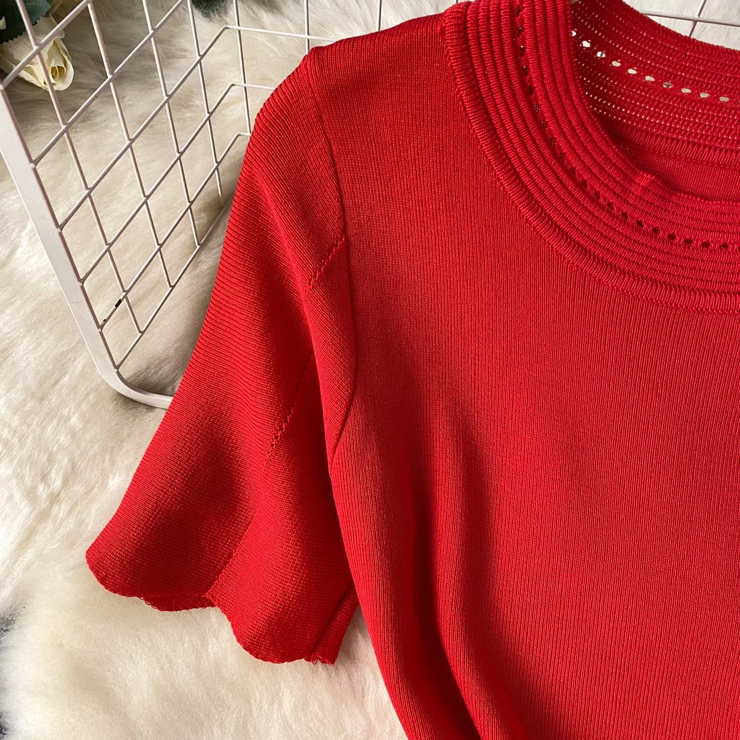 Rotes Senior Solid Strickkleid Damen O-Ausschnitt Kurzarm Hollow Out Design Elastisch Gestrickt Mode Basic A-Linie Kleid