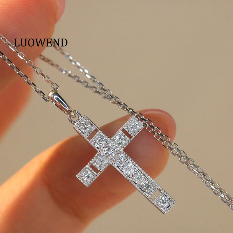

LUOWEND 100% 18K White Gold Necklace Fashion INS Style Real Natural Diamond Cross Pendant Necklace for Women Birthday Gift