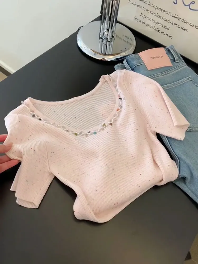 

Лето 2023, женская круглая трикотажная футболка Ne ort Sve, расшитая бисером, для похудения, милый крой из полиэфирного волокна, обычный све