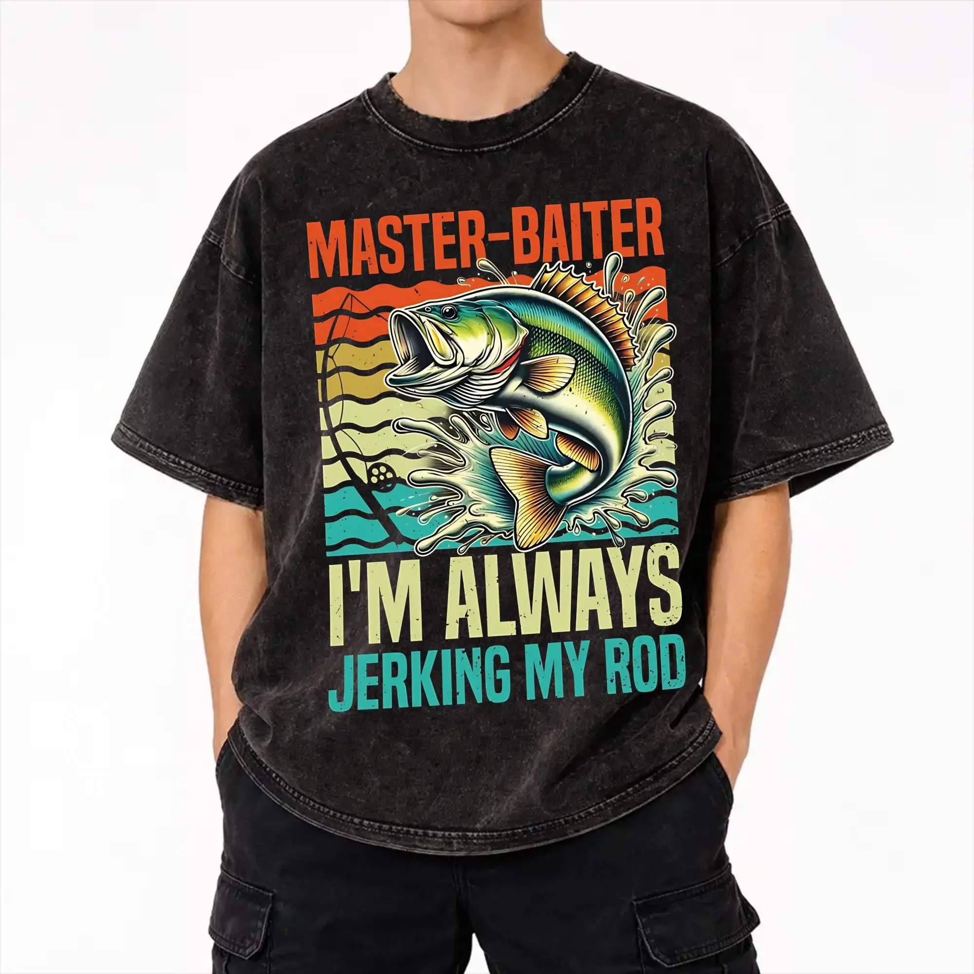 Master Baiter Funny Fishing  Washed T Shirt Streetwear Hip Hop Vintage T-Shirts  Tees Men Women Short Sleeve Streetwear