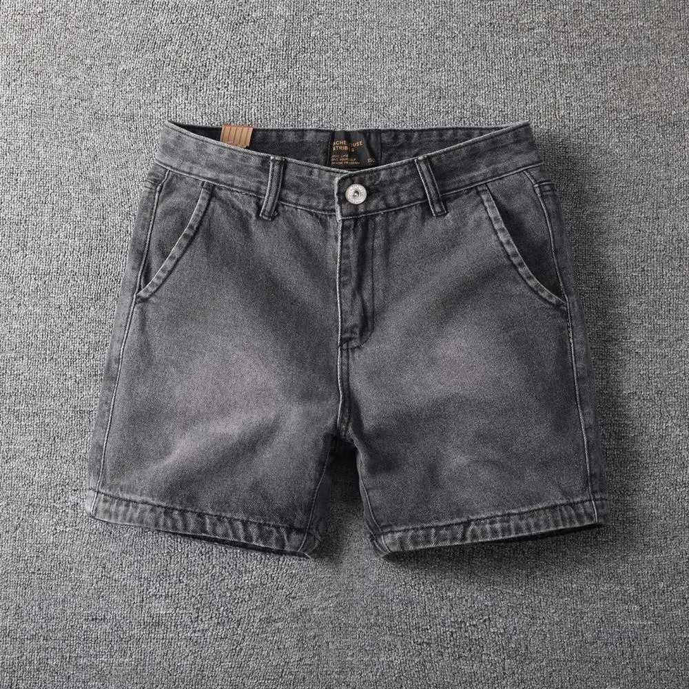 

Summer Vintage American Style Men's Denim Shorts Washed Slim Fit Ultra-Shorts Mid-Waist Cotton Stretch Denim Youth Fashion